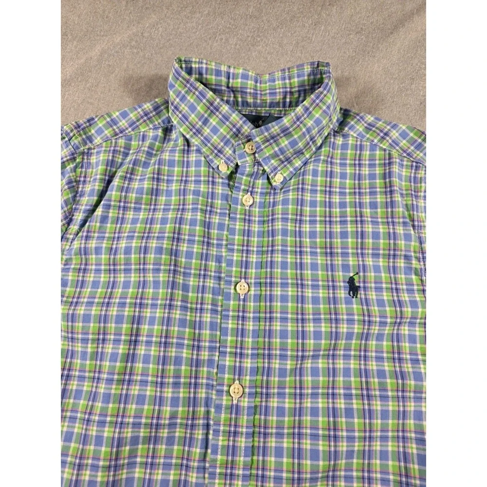 Ralph Lauren Short Sleeve Blue Green Plaid Button Up Shirt Youth Boys L (14-16)‎